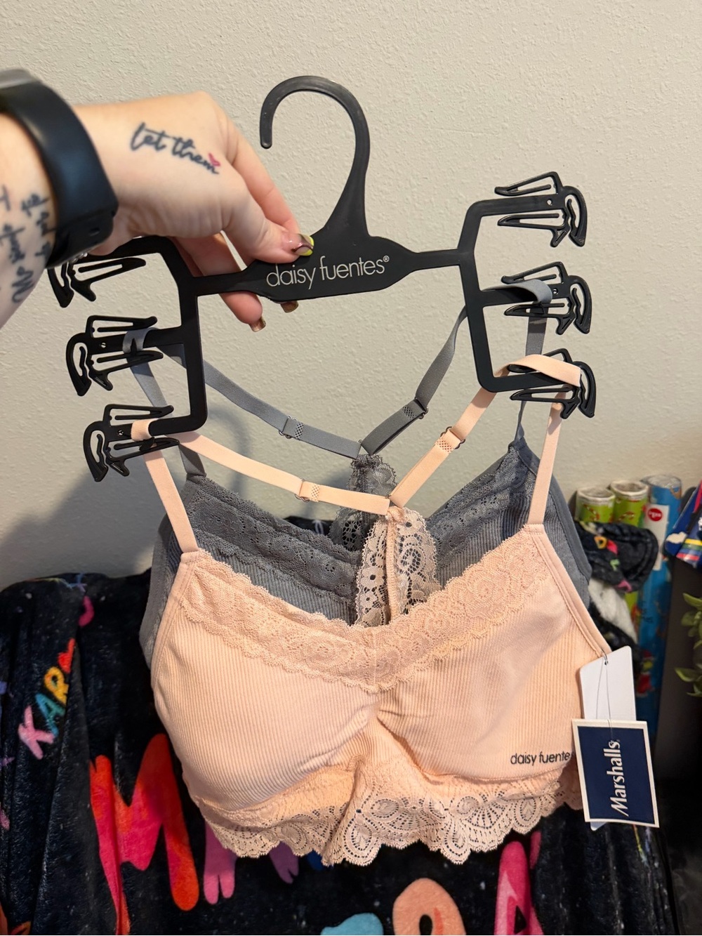 Daisy Fuentes Peach and Gray Lace-Trim Bralette Set 2pk
